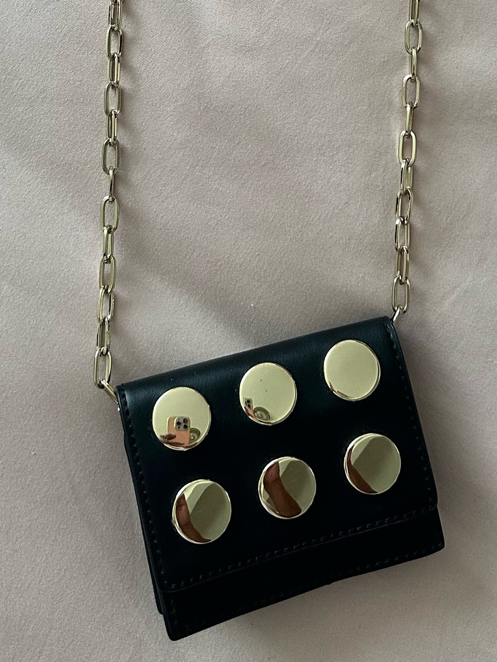 French Connection Black Mini Crossbody with Gold Disc Accents